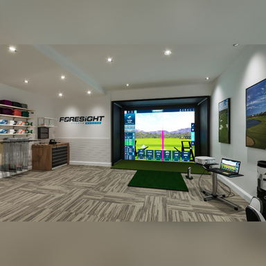 Indoor Golfsimulatie gehele set-up van Foresightsports met een GC Hawk in de club fitting kamer van een golfclub.