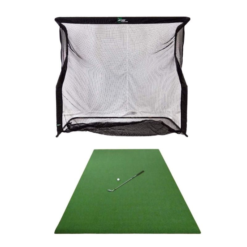 Golfnetz The Net Return Pro Series V2 Large mit einer Pro Golfmatte mit weißem Hintergrund