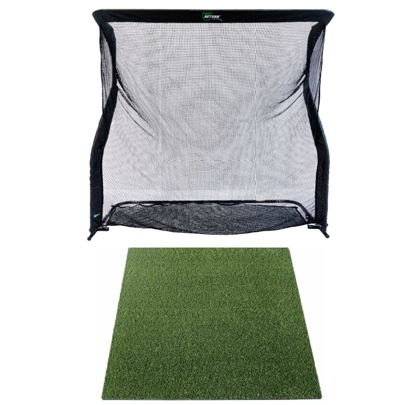 The Net Return Golfnet Pro Series und Golfmatte Premium Vorderansicht, weisser Hintergrund.