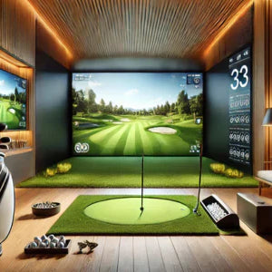      Ein Golfsimulator im Wohnzimmer, mit einer Golftasche, einem Sofa, einer Dartscheibe und einigen anderen Accessoires.