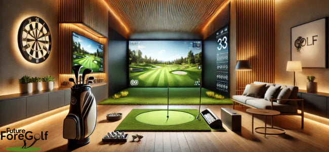      Ein Golfsimulator im Wohnzimmer, mit einer Golftasche, einem Sofa, einer Dartscheibe und einigen anderen Accessoires.