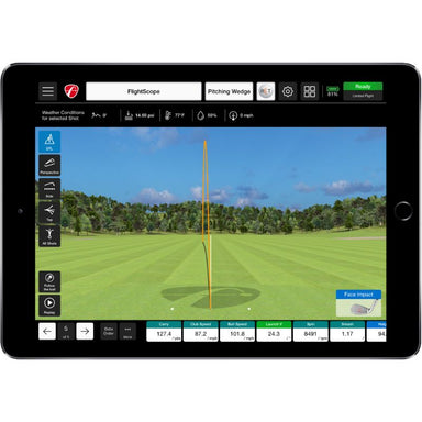 Auf einem iPad dargestellte Treffpunktposition (Face Impact Location) mit weißem Hintergrund, wobei die Flugbahn des Golfballs zu sehen ist