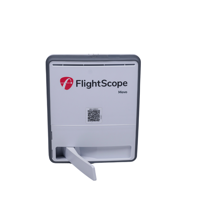 Flightscope Mevo Gen 2 Launch Monitor – Rückansicht mit weißem Hintergrund.