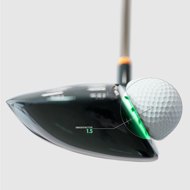 Garmin Approach R50 Launch Monitor, Moment des Treffens zwischen Ball und Schläger mit eingeblendeten Daten.