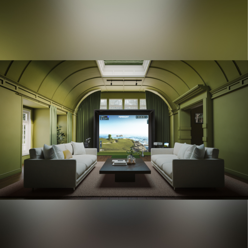 Indoor-Golfsimulation mit komplettem Set-up von Foresightsports Mit einem GC Hawk im Wohnzimmer eines Hauses. 