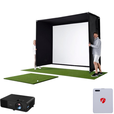 Golf-Simulator Flightscope Mevo Gen 2 – Vorderansicht der Schlagbox mit Putting-Green, Schlagmatte, Launch Monitor und dem Logo von FutureForeGolf