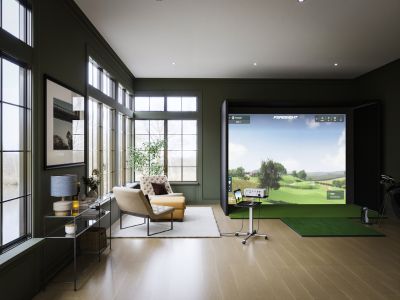 Golfsimulator ForesightSports GC Quad komplettes Setup im Wohnzimmer