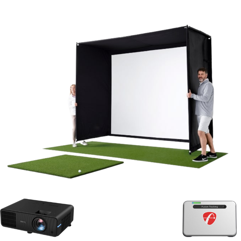 Golfsimulator Flightscope Mevo+ 2024 Edition Vorderansicht Schlagkäfig, Putting Green, Abschlagmatte, Launch-Monitor und Logo von FutureForeGolf