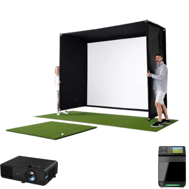 Golfsimulator Indoor mit Garmin Approach R50 Vorderansicht mit Beamer, weisser Hintergrund