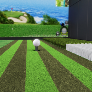 Auf diesem Bild ist der Golfsimulator von Golfzon zu sehen, bei dem auf das Tee herangezoomt wurde, das die automatische Auftee-Funktion zeigt.