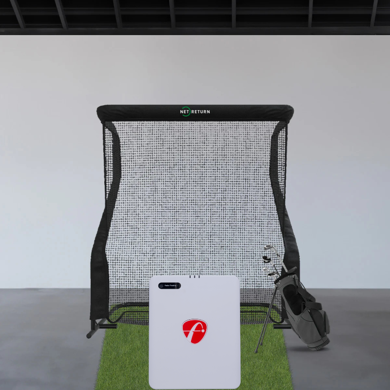Golfnetz und Mevo Gen 2 – Vorderansicht, beide mit grauem Hintergrund
